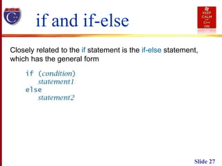 Slide 27
Closely related to the if statement is the if-else statement,
which has the general form
if and if-else
 