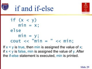 Slide 29
If x < y is true, then min is assigned the value of x;
if x < y is false, min is assigned the value of y. After
the if-else statement is executed, min is printed.
if and if-else
 