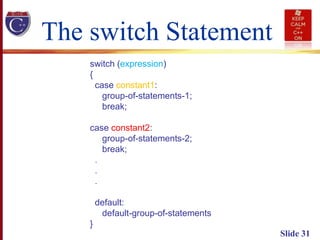 Slide 31
The switch Statement
switch (expression)
{
case constant1:
group-of-statements-1;
break;
case constant2:
group-of-statements-2;
break;
.
.
.
default:
default-group-of-statements
}
 