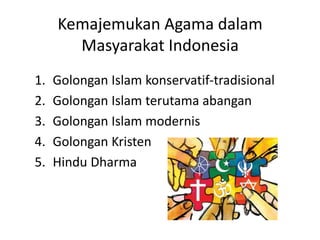 Kemajemukan Agama dalam 
Masyarakat Indonesia 
1. Golongan Islam konservatif-tradisional 
2. Golongan Islam terutama abangan 
3. Golongan Islam modernis 
4. Golongan Kristen 
5. Hindu Dharma 
 