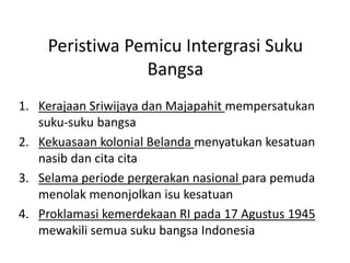 Peristiwa Pemicu Intergrasi Suku 
Bangsa 
1. Kerajaan Sriwijaya dan Majapahit mempersatukan 
suku-suku bangsa 
2. Kekuasaan kolonial Belanda menyatukan kesatuan 
nasib dan cita cita 
3. Selama periode pergerakan nasional para pemuda 
menolak menonjolkan isu kesatuan 
4. Proklamasi kemerdekaan RI pada 17 Agustus 1945 
mewakili semua suku bangsa Indonesia 
 