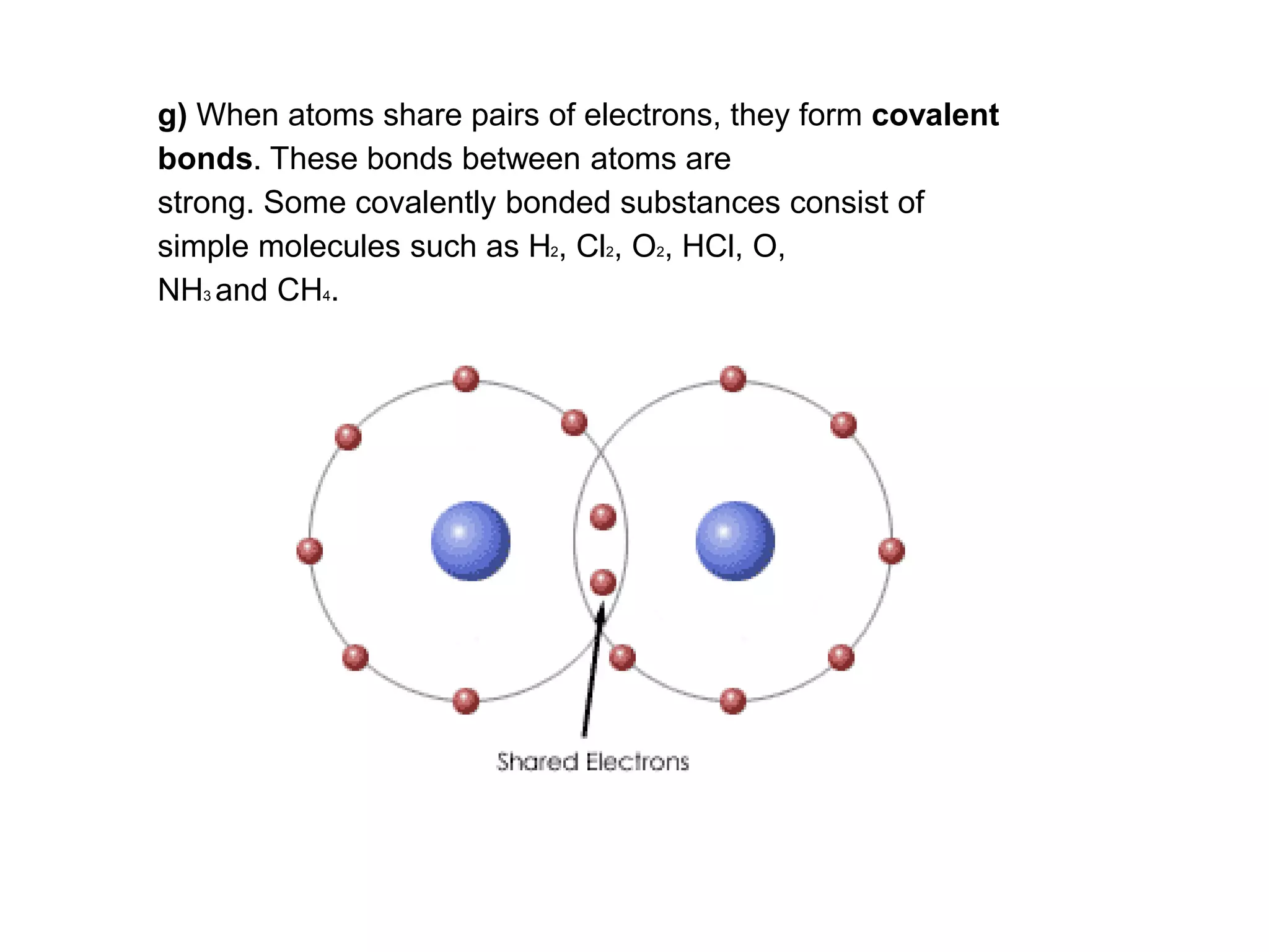 g) When atoms share pairs of electrons, they form covalent
bonds. These bonds between atoms are
strong. Some covalently bonded substances consist of
simple molecules such as H2, Cl2, O2, HCl, O,
NH3 and CH4.
 