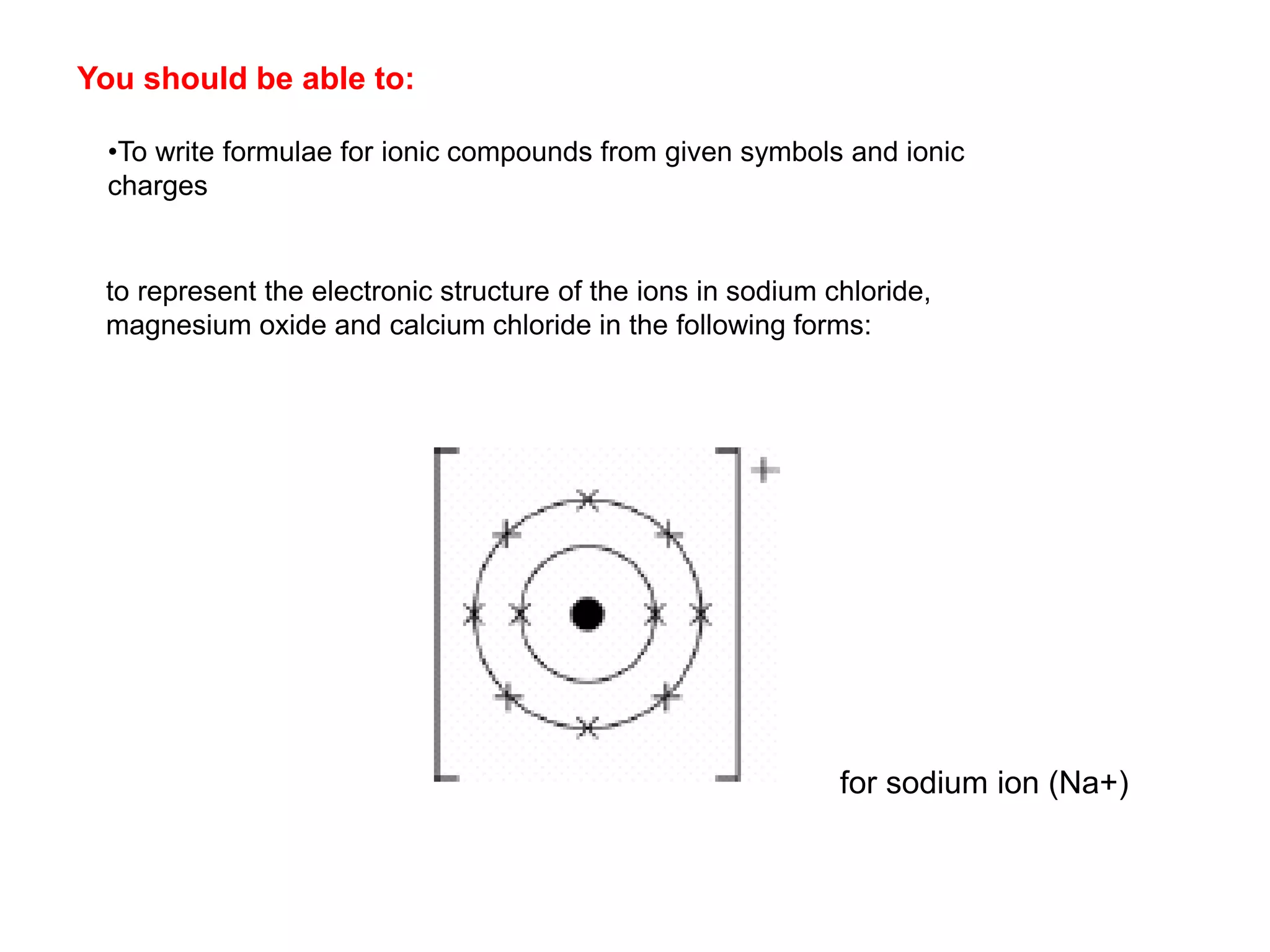 •To write formulae for ionic compounds from given symbols and ionic
charges
to represent the electronic structure of the ions in sodium chloride,
magnesium oxide and calcium chloride in the following forms:
You should be able to:
for sodium ion (Na+)
 
