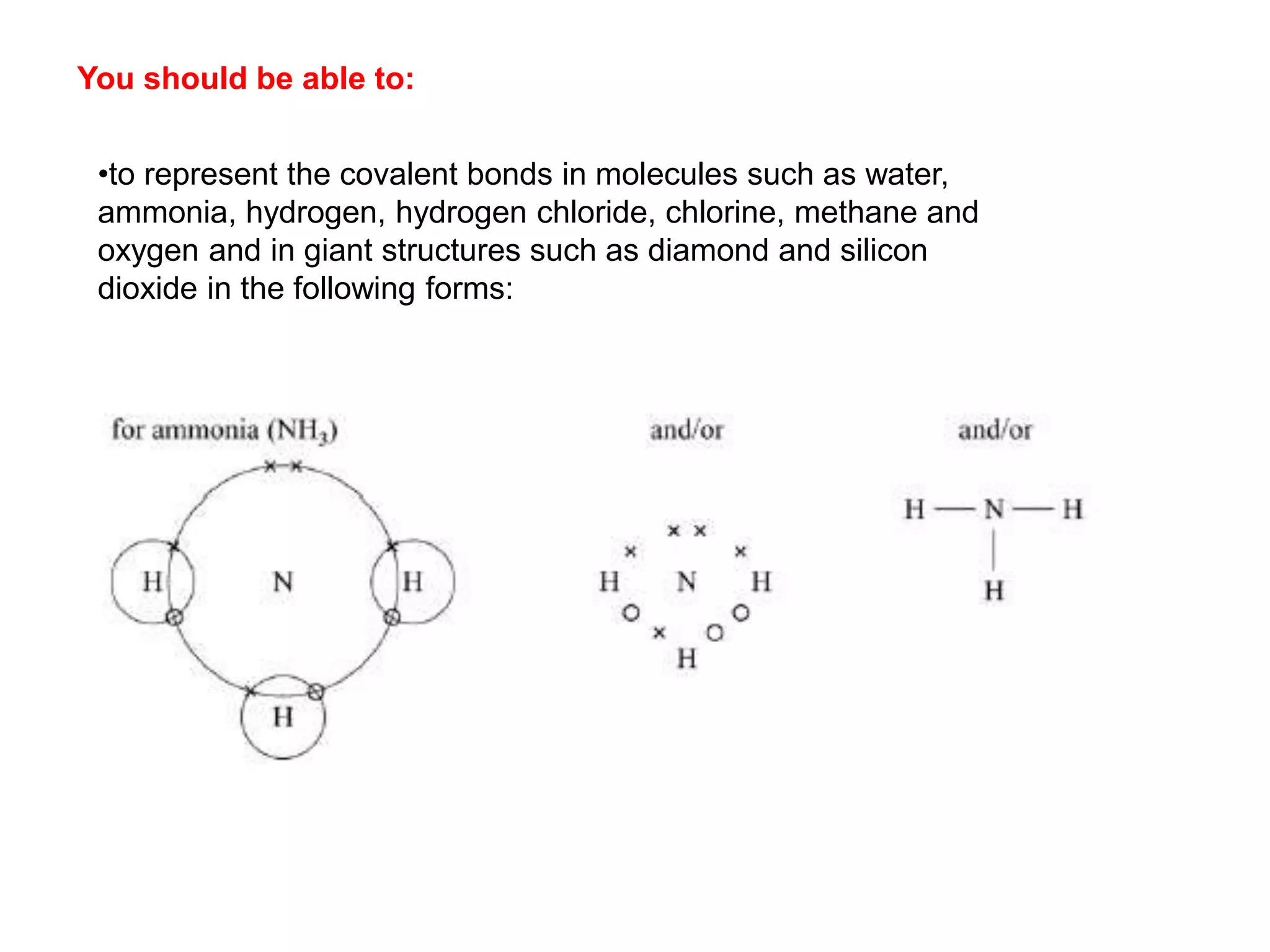 You should be able to:
•to represent the covalent bonds in molecules such as water,
ammonia, hydrogen, hydrogen chloride, chlorine, methane and
oxygen and in giant structures such as diamond and silicon
dioxide in the following forms:
 