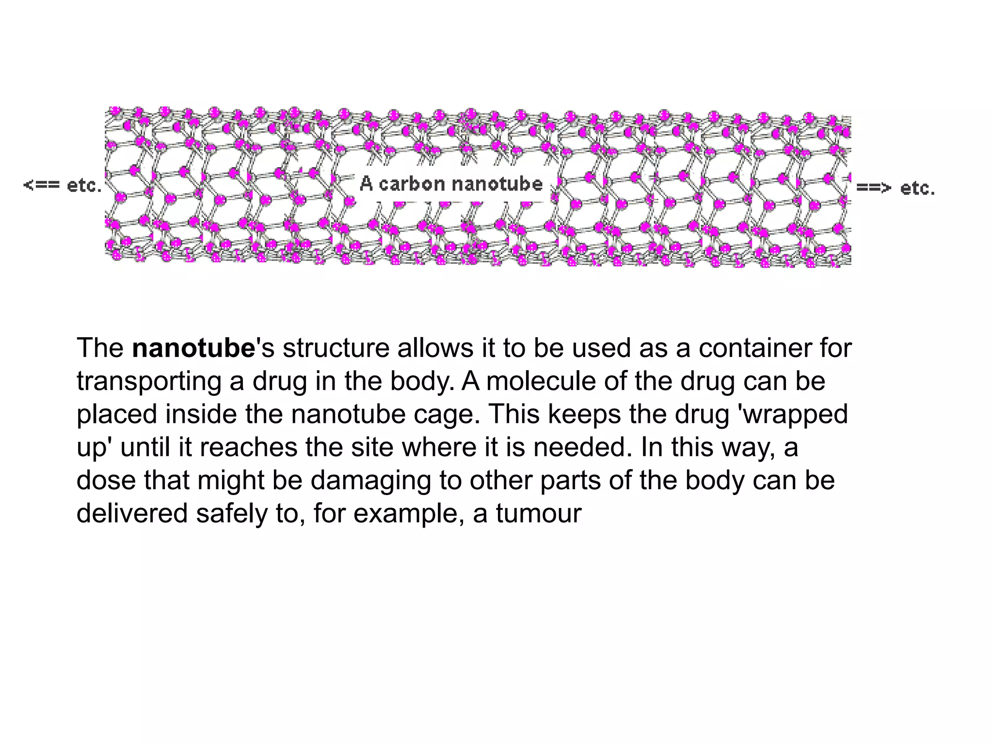 The nanotube's structure allows it to be used as a container for
transporting a drug in the body. A molecule of the drug can be
placed inside the nanotube cage. This keeps the drug 'wrapped
up' until it reaches the site where it is needed. In this way, a
dose that might be damaging to other parts of the body can be
delivered safely to, for example, a tumour
 