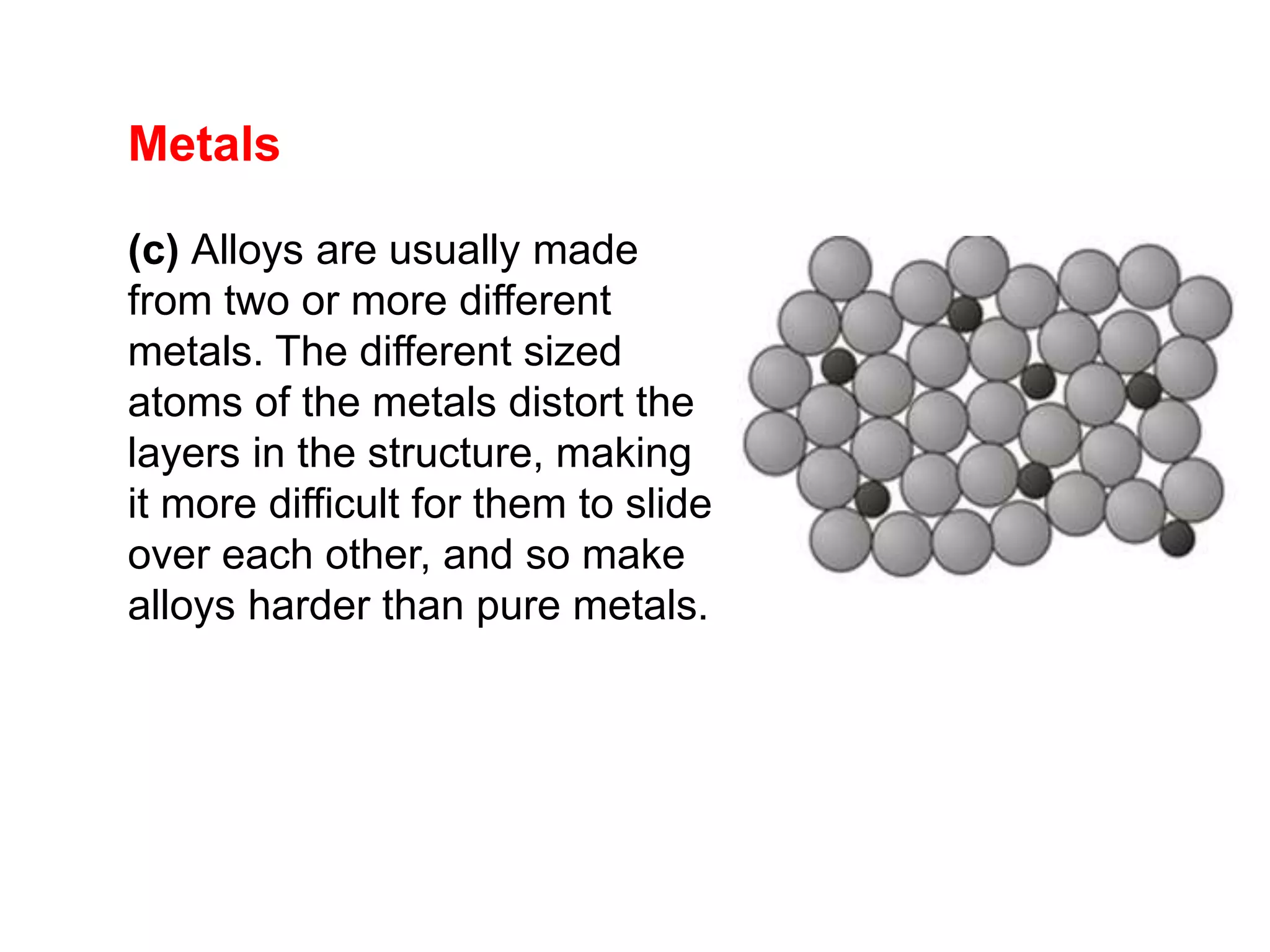 Metals
(c) Alloys are usually made
from two or more different
metals. The different sized
atoms of the metals distort the
layers in the structure, making
it more difficult for them to slide
over each other, and so make
alloys harder than pure metals.
 