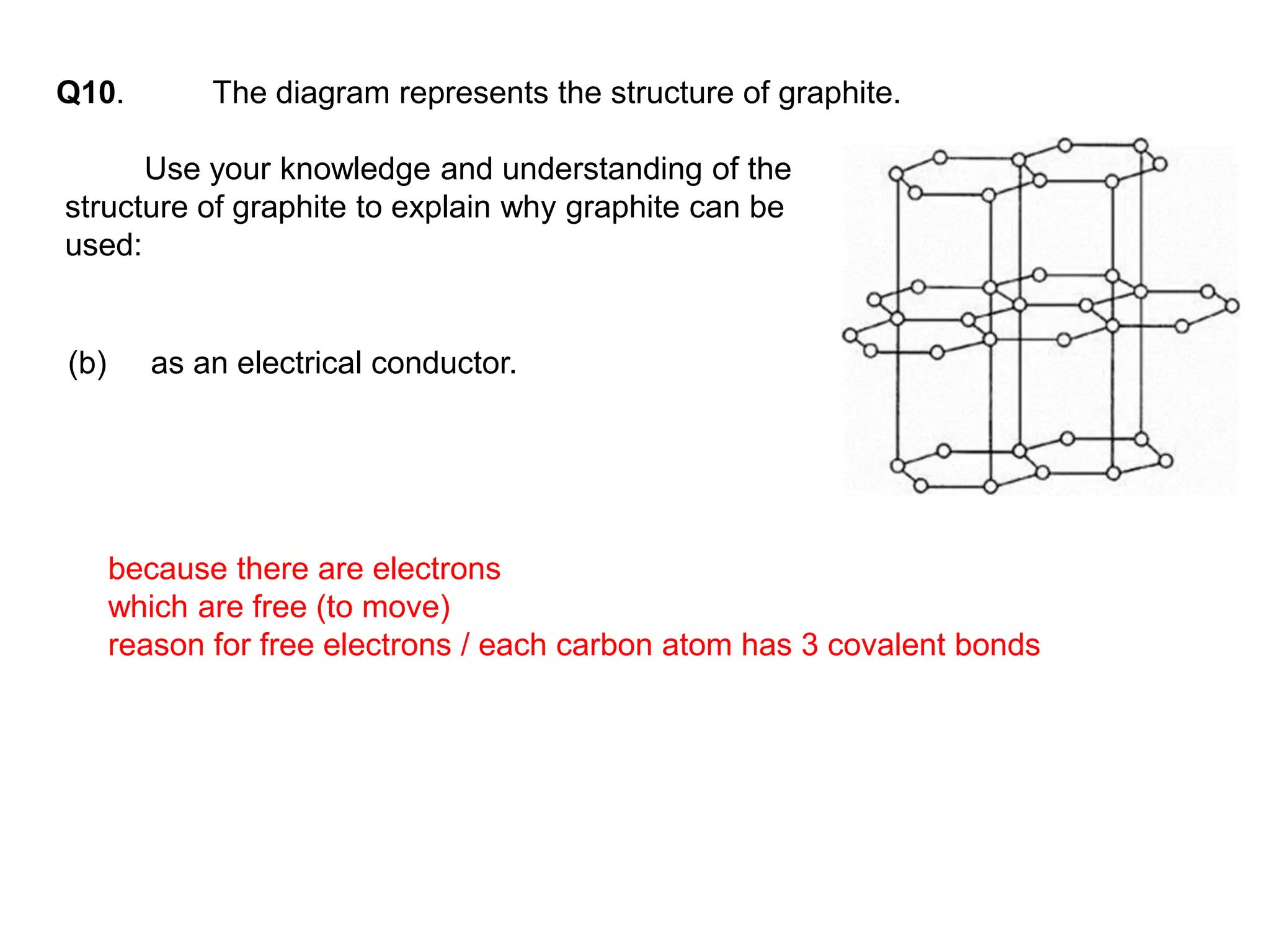 Q10. The diagram represents the structure of graphite.
Use your knowledge and understanding of the
structure of graphite to explain why graphite can be
used:
(b) as an electrical conductor.
because there are electrons
which are free (to move)
reason for free electrons / each carbon atom has 3 covalent bonds
 