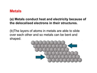 Metals
(a) Metals conduct heat and electricity because of
the delocalised electrons in their structures.
(b)The layers of atoms in metals are able to slide
over each other and so metals can be bent and
shaped.
 