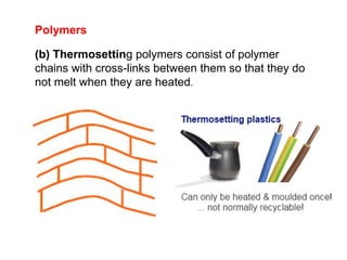 Polymers
(b) Thermosetting polymers consist of polymer
chains with cross-links between them so that they do
not melt when they are heated.
 