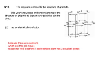 Q10. The diagram represents the structure of graphite.
Use your knowledge and understanding of the
structure of graphite to explain why graphite can be
used:
(b) as an electrical conductor.
because there are electrons
which are free (to move)
reason for free electrons / each carbon atom has 3 covalent bonds
 