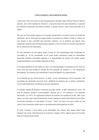 18
CONCLUSIONES y RECOMENDACIONES
Camu camu ( Myrciaria dubia) es una fruta promisoria, reportada desde 1959 por Ferreyra, llamó la
atención por su alto contenido de vitamina C, se ha posicionado del sector alimenticio; es apoyado
por diferentes instituciones que deben coordinar y generar alianzas para el buen desarrollo de la
cadena
Para que este fruto pueda competir en el mercado internacional es necesario resolver los problemas
territoriales que se tienen para los lugares donde se encuentran los rodales y donde se cultivan, de
esta manera se hace sostenible para mercados exigentes Es un producto que ingresa como
suplemento alimentico pero fácilmente puede adaptarse a diversos nichos de mercado especialmente
por su característica de antioxidante.
El valor alimenticio de esta especie desde el punto de vista antropológico debe comprender las
actividades de de las comunidades en las zonas rurales amazónicas, donde las comunidades
desarrollan múltiples actividades adaptadas a la disponibilidad de recursos del entorno natural
complementándolas con actividades adquiridas de fuera.
El principal problema de esta cadena de valor es la heterogeneidad y procedencia de los frutos de
camu camu que hace posible la pérdida del alto contenido de vitamina C y sus componentes
antioxidantes. Su consumo se ha intensificado e incluso ha llegado a los supermercados.
Se recomienda que las normas técnicas se deban revisar continuamente a fin de ajustarlas a las
necesidades de exportación como base de la calidad de los productos que se ofrecen, coincidentes
con el Codex alimetarium. Su difusión es de suma importancia.
El mercado mundial de productos cosméticos de origen natural al 2007 representa un 16.5% del
total de productos botánicos comercializados, mientras que el 17% pertenece a los alimentos
funcionales y el 14% a los suplementos herbarios de acuerdo a las estadísticas de a&r 2007, camu
camu es un cultivo que encaja perfectamente en estos segmentos y puede desarrollarse nuevos nichos
de mercado adecuados a la vida rápida y el sector “retail”así como a los nuevos estilos de vida
como el sector masculino, adulto mayor o una adolescencia preocupada por su salud.
El sector cosmético a nivel andino se ha desarrollado estos últimos años aunque Brasil sigue
liderando este sector. latinoamericano de cosméticos e higiene. (Perú registra menos de la tercera
parte de lo registrado por Brasil).
 