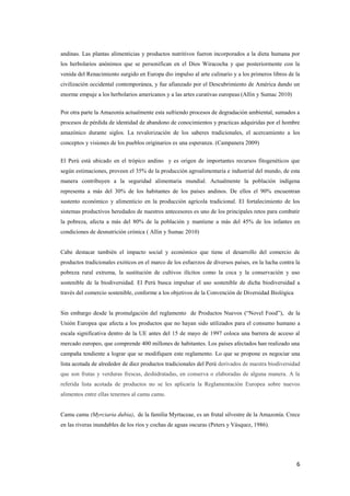 6
andinas. Las plantas alimenticias y productos nutritivos fueron incorporados a la dieta humana por
los herbolarios anónimos que se personifican en el Dios Wiracocha y que posteriormente con la
venida del Renacimiento surgido en Europa dio impulso al arte culinario y a los primeros libros de la
civilización occidental contemporánea, y fue afianzado por el Descubrimiento de América dando un
enorme empuje a los herbolarios americanos y a las artes curativas europeas (Allin y Sumac 2010)
Por otra parte la Amazonía actualmente esta sufriendo procesos de degradación ambiental, sumados a
procesos de pérdida de identidad de abandono de conocimientos y practicas adquiridas por el hombre
amazónico durante siglos. La revalorización de los saberes tradicionales, el acercamiento a los
conceptos y visiones de los pueblos originarios es una esperanza. (Campanera 2009)
El Perú está ubicado en el trópico andino y es origen de importantes recursos fitogenéticos que
según estimaciones, proveen el 35% de la producción agroalimentaria e industrial del mundo, de esta
manera contribuyen a la seguridad alimentaria mundial. Actualmente la población indígena
representa a más del 30% de los habitantes de los países andinos. De ellos el 90% encuentran
sustento económico y alimenticio en la producción agrícola tradicional. El fortalecimiento de los
sistemas productivos heredados de nuestros antecesores es uno de los principales retos para combatir
la pobreza, afecta a más del 80% de la población y mantiene a más del 45% de los infantes en
condiciones de desnutrición crónica ( Allin y Sumac 2010)
Cabe destacar también el impacto social y económico que tiene el desarrollo del comercio de
productos tradicionales exóticos en el marco de los esfuerzos de diversos países, en la lucha contra la
pobreza rural extrema, la sustitución de cultivos ilícitos como la coca y la conservación y uso
sostenible de la biodiversidad. El Perú busca impulsar el uso sostenible de dicha biodiversidad a
través del comercio sostenible, conforme a los objetivos de la Convención de Diversidad Biológica
Sin embargo desde la promulgación del reglamento de Productos Nuevos (“Novel Food”), de la
Unión Europea que afecta a los productos que no hayan sido utilizados para el consumo humano a
escala significativa dentro de la UE antes del 15 de mayo de 1997 coloca una barrera de acceso al
mercado europeo, que comprende 400 millones de habitantes. Los países afectados han realizado una
campaña tendiente a lograr que se modifiquen este reglamento. Lo que se propone es negociar una
lista acotada de alrededor de diez productos tradicionales del Perú derivados de nuestra biodiversidad
que son frutas y verduras frescas, deshidratadas, en conserva o elaboradas de alguna manera. A la
referida lista acotada de productos no se les aplicaría la Reglamentación Europea sobre nuevos
alimentos entre ellas tenemos al camu camu.
Camu camu (Myrciaria dubia), de la familia Myrtaceae, es un frutal silvestre de la Amazonía. Crece
en las riveras inundables de los ríos y cochas de aguas oscuras (Peters y Vásquez, 1986).
 