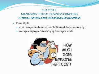 CHAPTER II.
MANAGING ETHICAL BUSINESS CONCERNS
ETHICAL ISSUES AND DILEMMAS IN BUSINESS
 Time theft:
 cost companies hund...