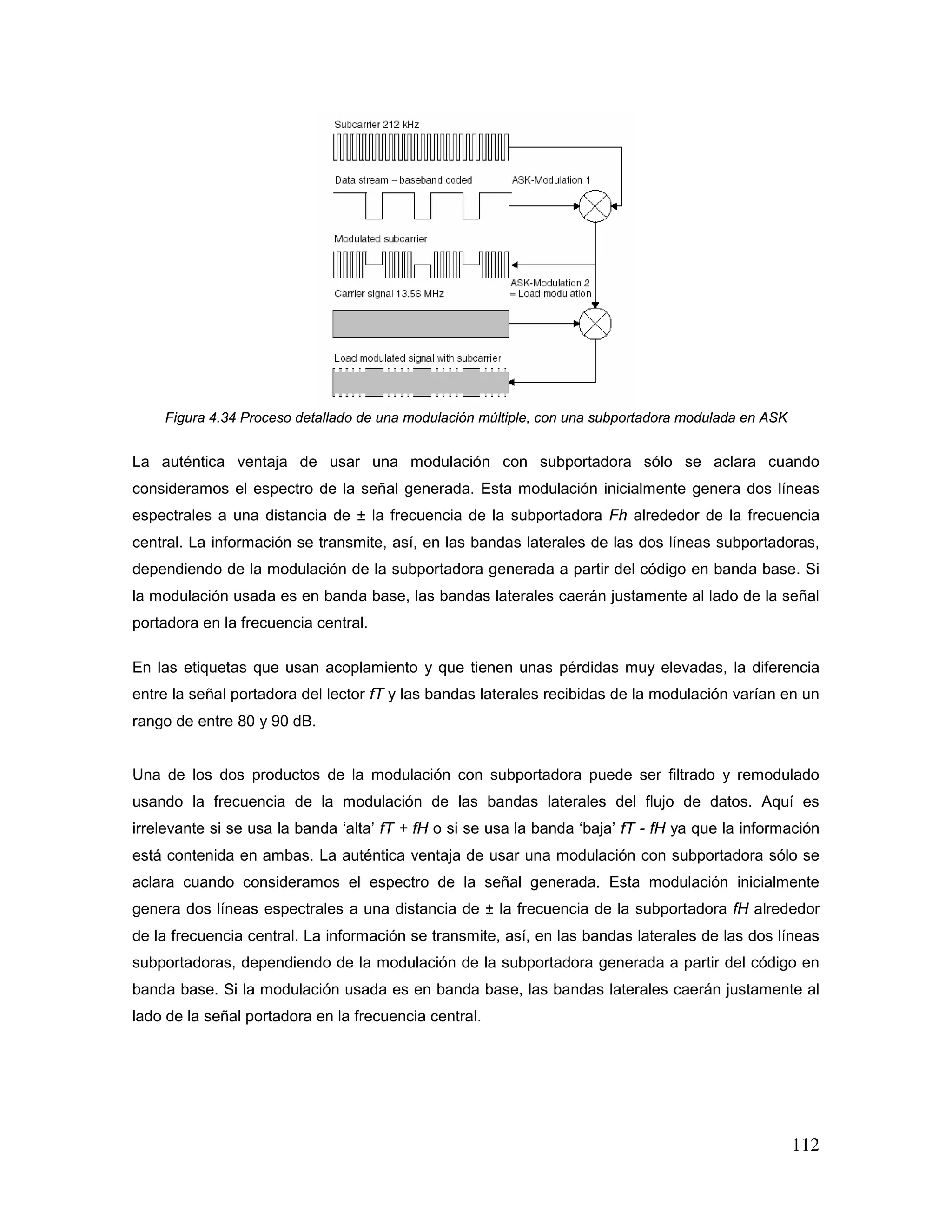 112
Figura 4.34 Proceso detallado de una modulación múltiple, con una subportadora modulada en ASK
La auténtica ventaja de usar una modulación con subportadora sólo se aclara cuando
consideramos el espectro de la señal generada. Esta modulación inicialmente genera dos líneas
espectrales a una distancia de ± la frecuencia de la subportadora Fh alrededor de la frecuencia
central. La información se transmite, así, en las bandas laterales de las dos líneas subportadoras,
dependiendo de la modulación de la subportadora generada a partir del código en banda base. Si
la modulación usada es en banda base, las bandas laterales caerán justamente al lado de la señal
portadora en la frecuencia central.
En las etiquetas que usan acoplamiento y que tienen unas pérdidas muy elevadas, la diferencia
entre la señal portadora del lector fT y las bandas laterales recibidas de la modulación varían en un
rango de entre 80 y 90 dB.
Una de los dos productos de la modulación con subportadora puede ser filtrado y remodulado
usando la frecuencia de la modulación de las bandas laterales del flujo de datos. Aquí es
irrelevante si se usa la banda ‘alta’ fT + fH o si se usa la banda ‘baja’ fT - fH ya que la información
está contenida en ambas. La auténtica ventaja de usar una modulación con subportadora sólo se
aclara cuando consideramos el espectro de la señal generada. Esta modulación inicialmente
genera dos líneas espectrales a una distancia de ± la frecuencia de la subportadora fH alrededor
de la frecuencia central. La información se transmite, así, en las bandas laterales de las dos líneas
subportadoras, dependiendo de la modulación de la subportadora generada a partir del código en
banda base. Si la modulación usada es en banda base, las bandas laterales caerán justamente al
lado de la señal portadora en la frecuencia central.
 