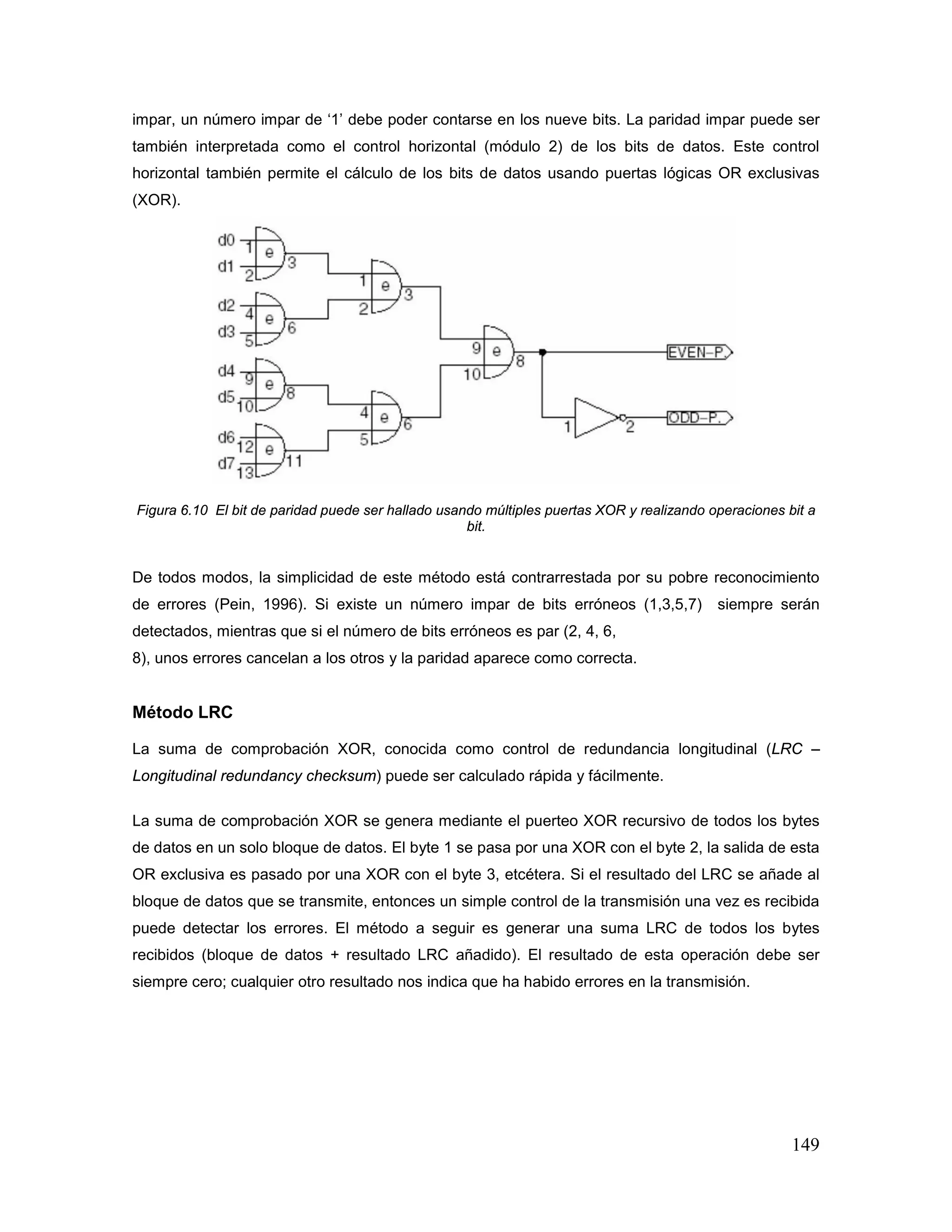 149
impar, un número impar de ‘1’ debe poder contarse en los nueve bits. La paridad impar puede ser
también interpretada como el control horizontal (módulo 2) de los bits de datos. Este control
horizontal también permite el cálculo de los bits de datos usando puertas lógicas OR exclusivas
(XOR).
Figura 6.10 El bit de paridad puede ser hallado usando múltiples puertas XOR y realizando operaciones bit a
bit.
De todos modos, la simplicidad de este método está contrarrestada por su pobre reconocimiento
de errores (Pein, 1996). Si existe un número impar de bits erróneos (1,3,5,7) siempre serán
detectados, mientras que si el número de bits erróneos es par (2, 4, 6,
8), unos errores cancelan a los otros y la paridad aparece como correcta.
Método LRC
La suma de comprobación XOR, conocida como control de redundancia longitudinal (LRC –
Longitudinal redundancy checksum) puede ser calculado rápida y fácilmente.
La suma de comprobación XOR se genera mediante el puerteo XOR recursivo de todos los bytes
de datos en un solo bloque de datos. El byte 1 se pasa por una XOR con el byte 2, la salida de esta
OR exclusiva es pasado por una XOR con el byte 3, etcétera. Si el resultado del LRC se añade al
bloque de datos que se transmite, entonces un simple control de la transmisión una vez es recibida
puede detectar los errores. El método a seguir es generar una suma LRC de todos los bytes
recibidos (bloque de datos + resultado LRC añadido). El resultado de esta operación debe ser
siempre cero; cualquier otro resultado nos indica que ha habido errores en la transmisión.
 
