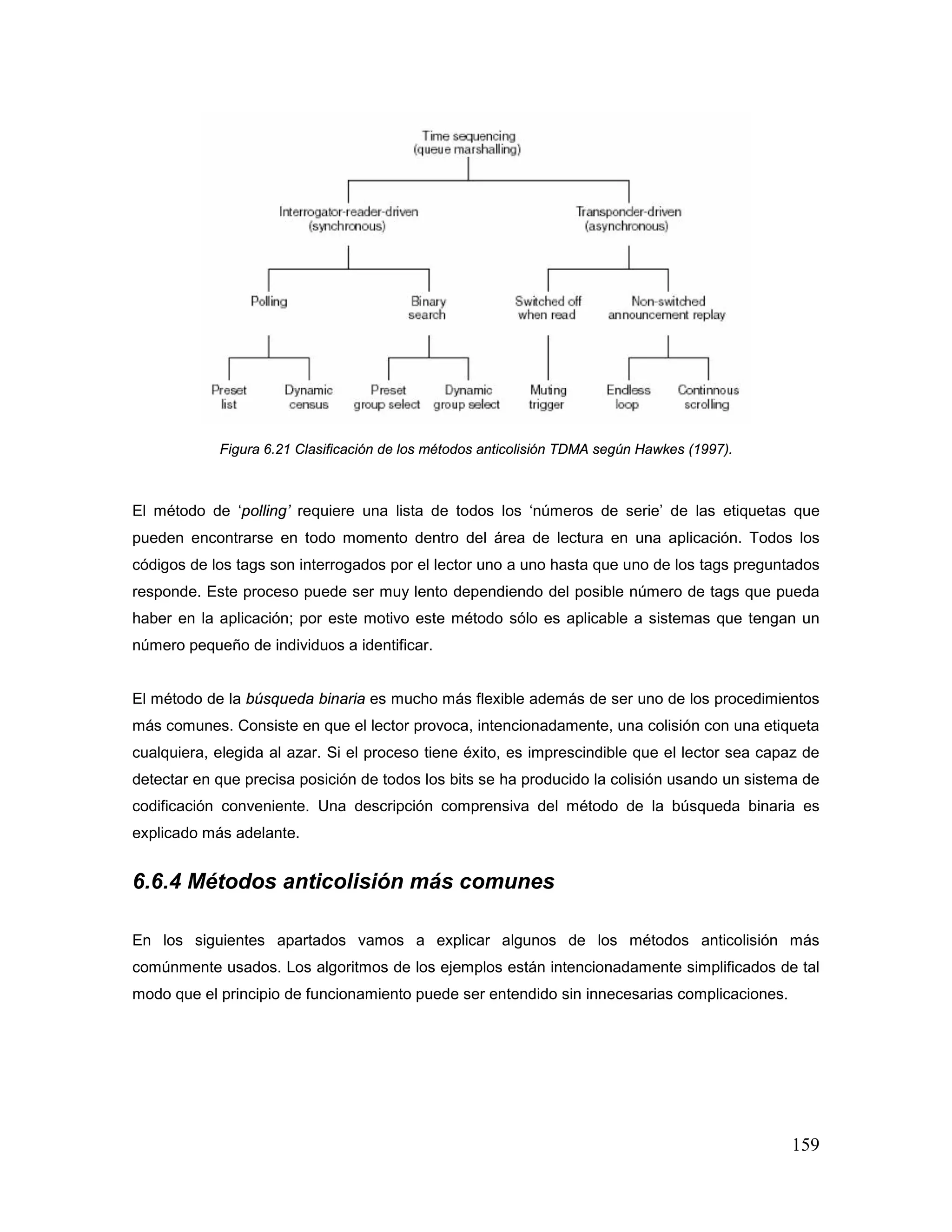 159
Figura 6.21 Clasificación de los métodos anticolisión TDMA según Hawkes (1997).
El método de ‘polling’ requiere una lista de todos los ‘números de serie’ de las etiquetas que
pueden encontrarse en todo momento dentro del área de lectura en una aplicación. Todos los
códigos de los tags son interrogados por el lector uno a uno hasta que uno de los tags preguntados
responde. Este proceso puede ser muy lento dependiendo del posible número de tags que pueda
haber en la aplicación; por este motivo este método sólo es aplicable a sistemas que tengan un
número pequeño de individuos a identificar.
El método de la búsqueda binaria es mucho más flexible además de ser uno de los procedimientos
más comunes. Consiste en que el lector provoca, intencionadamente, una colisión con una etiqueta
cualquiera, elegida al azar. Si el proceso tiene éxito, es imprescindible que el lector sea capaz de
detectar en que precisa posición de todos los bits se ha producido la colisión usando un sistema de
codificación conveniente. Una descripción comprensiva del método de la búsqueda binaria es
explicado más adelante.
6.6.4 Métodos anticolisión más comunes
En los siguientes apartados vamos a explicar algunos de los métodos anticolisión más
comúnmente usados. Los algoritmos de los ejemplos están intencionadamente simplificados de tal
modo que el principio de funcionamiento puede ser entendido sin innecesarias complicaciones.
 