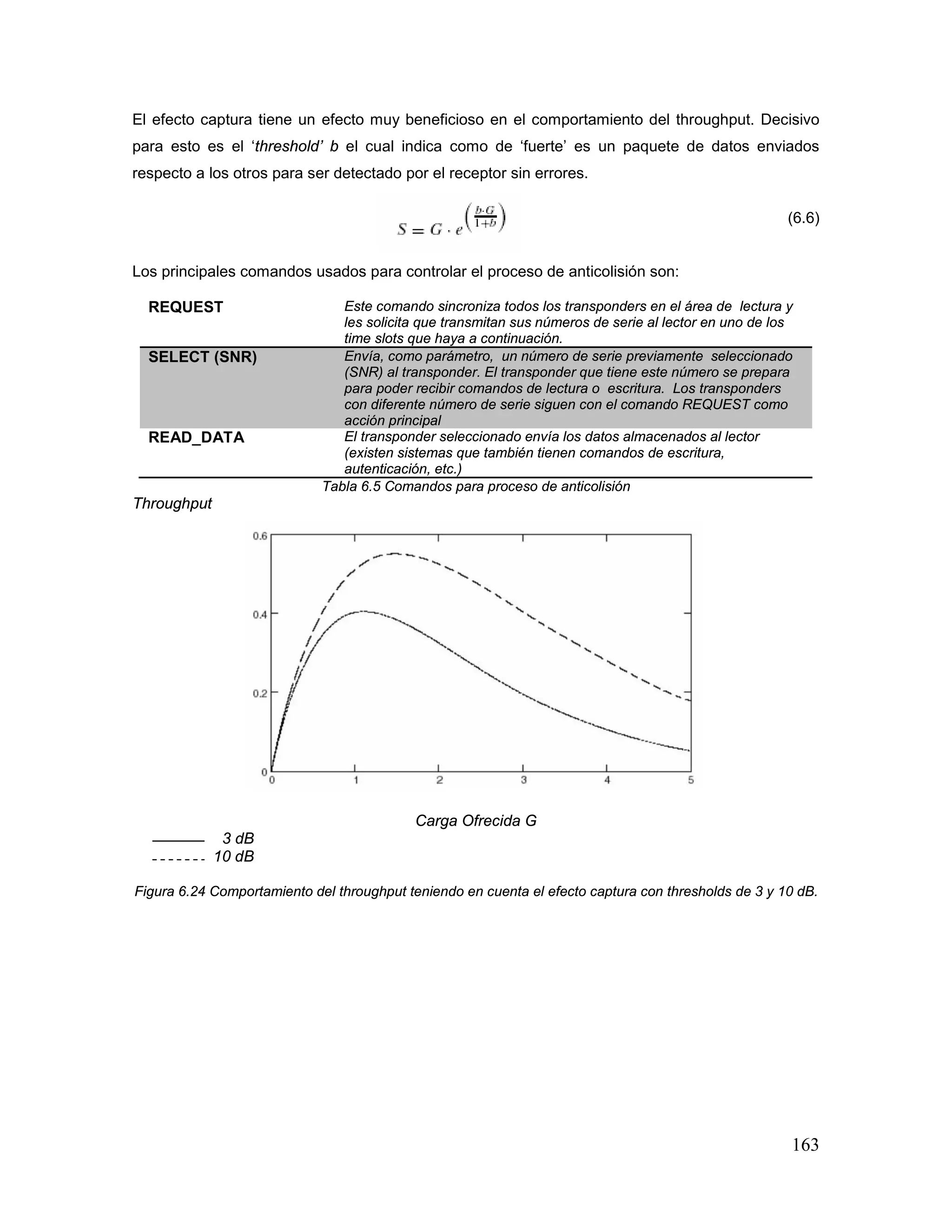163
El efecto captura tiene un efecto muy beneficioso en el comportamiento del throughput. Decisivo
para esto es el ‘threshold’ b el cual indica como de ‘fuerte’ es un paquete de datos enviados
respecto a los otros para ser detectado por el receptor sin errores.
(6.6)
Los principales comandos usados para controlar el proceso de anticolisión son:
REQUEST Este comando sincroniza todos los transponders en el área de lectura y
les solicita que transmitan sus números de serie al lector en uno de los
time slots que haya a continuación.
SELECT (SNR) Envía, como parámetro, un número de serie previamente seleccionado
(SNR) al transponder. El transponder que tiene este número se prepara
para poder recibir comandos de lectura o escritura. Los transponders
con diferente número de serie siguen con el comando REQUEST como
acción principal
READ_DATA El transponder seleccionado envía los datos almacenados al lector
(existen sistemas que también tienen comandos de escritura,
autenticación, etc.)
Tabla 6.5 Comandos para proceso de anticolisión
Throughput
Carga Ofrecida G
3 dB
10 dB
Figura 6.24 Comportamiento del throughput teniendo en cuenta el efecto captura con thresholds de 3 y 10 dB.
 
