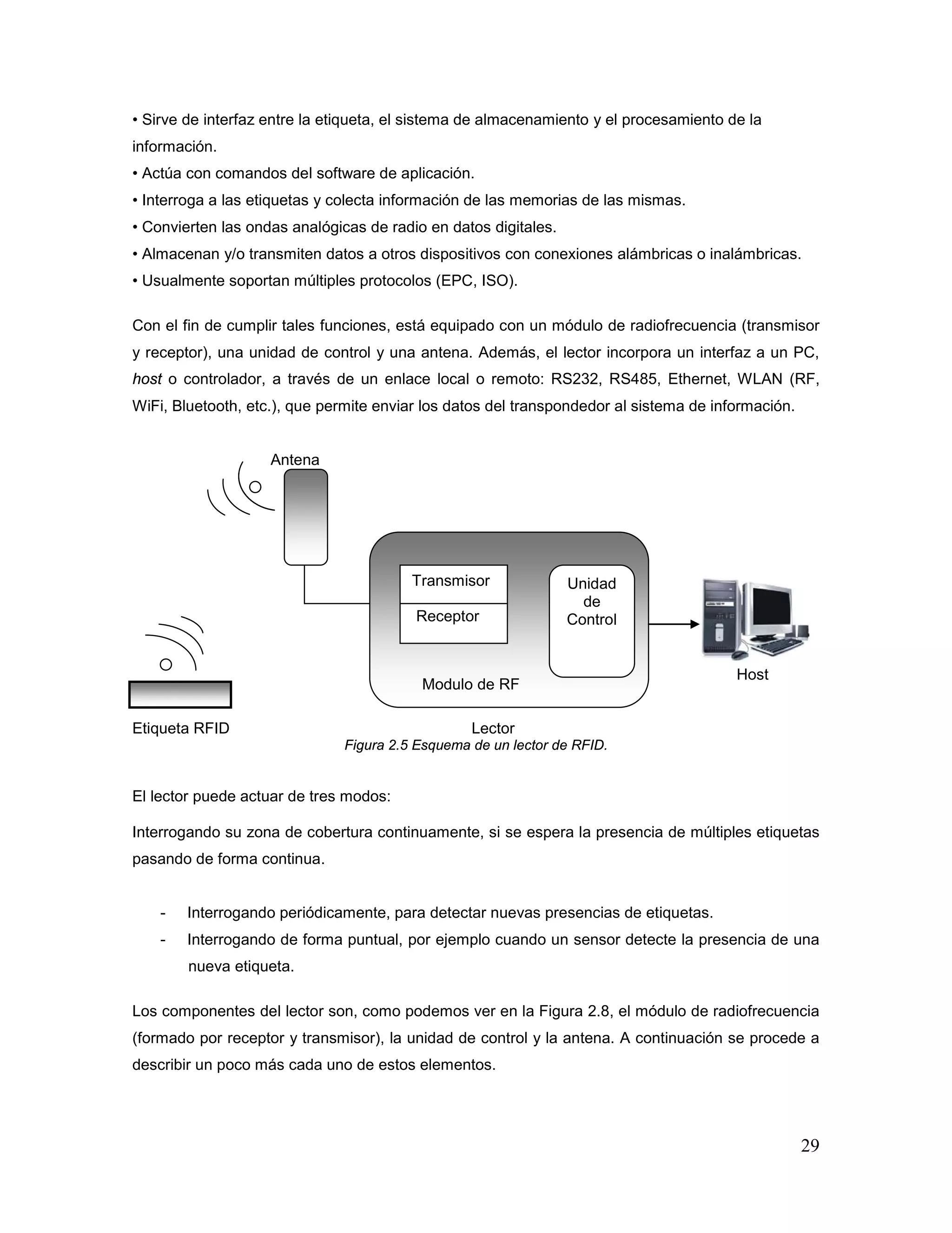 29
• Sirve de interfaz entre la etiqueta, el sistema de almacenamiento y el procesamiento de la
información.
• Actúa con comandos del software de aplicación.
• Interroga a las etiquetas y colecta información de las memorias de las mismas.
• Convierten las ondas analógicas de radio en datos digitales.
• Almacenan y/o transmiten datos a otros dispositivos con conexiones alámbricas o inalámbricas.
• Usualmente soportan múltiples protocolos (EPC, ISO).
Con el fin de cumplir tales funciones, está equipado con un módulo de radiofrecuencia (transmisor
y receptor), una unidad de control y una antena. Además, el lector incorpora un interfaz a un PC,
host o controlador, a través de un enlace local o remoto: RS232, RS485, Ethernet, WLAN (RF,
WiFi, Bluetooth, etc.), que permite enviar los datos del transpondedor al sistema de información.
Antena
Host
Etiqueta RFID Lector
Figura 2.5 Esquema de un lector de RFID.
El lector puede actuar de tres modos:
Interrogando su zona de cobertura continuamente, si se espera la presencia de múltiples etiquetas
pasando de forma continua.
- Interrogando periódicamente, para detectar nuevas presencias de etiquetas.
- Interrogando de forma puntual, por ejemplo cuando un sensor detecte la presencia de una
nueva etiqueta.
Los componentes del lector son, como podemos ver en la Figura 2.8, el módulo de radiofrecuencia
(formado por receptor y transmisor), la unidad de control y la antena. A continuación se procede a
describir un poco más cada uno de estos elementos.
Modulo de RF
Unidad
de
Control
Transmisor
Receptor
 