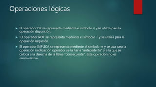 Operaciones lógicas
 El operador OR se representa mediante el símbolo ∨ y se utiliza para la
operación disyunción.
 El operador NOT se representa mediante el símbolo ¬ y se utiliza para la
operación negación.
 El operador IMPLICA se representa mediante el símbolo ⇒ y se usa para la
operación implicación operador se la llama “antecedente” y a la que se
coloca a la derecha de la llama “consecuente“. Esta operación no es
conmutativa.
 