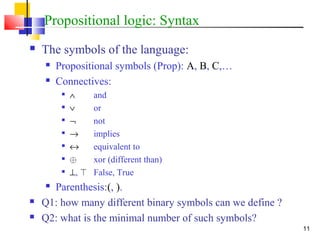 11
Propositional logic: Syntax
 The symbols of the language:
 Propositional symbols (Prop): A, B, C,…
 Connectives:

∧ and

∨ or

¬ not

→ implies

↔ equivalent to

© xor (different than)

⊥, > False, True
 Parenthesis:(, ).
 Q1: how many different binary symbols can we define ?
 Q2: what is the minimal number of such symbols?
 