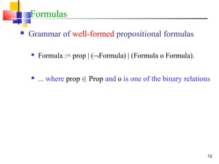 12
Formulas
 Grammar of well-formed propositional formulas
 Formula := prop | (¬Formula) | (Formula o Formula).
 ... where prop 2 Prop and o is one of the binary relations
 