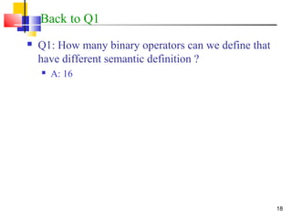 18
Back to Q1
 Q1: How many binary operators can we define that
have different semantic definition ?
 A: 16
 