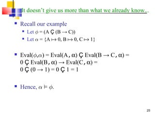 25
It doesn’t give us more than what we already know...
 Recall our example
 Let Á = (A Ç (B → C))
 Let ® = {A  0, B  0, C  1}
 Eval(Á,®) = Eval(A,α) Ç Eval(B → C,α) =
0 Ç Eval(B,α) → Eval(C,α) =
0 Ç (0 → 1) = 0 Ç 1 = 1
 Hence, ® ² Á.
 