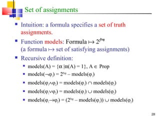 28
Set of assignments
 Intuition: a formula specifies a set of truth
assignments.
 Function models: Formula  22Prop
(a formula  set of satisfying assignments)
 Recursive definition:
 models(A) = {α |α(A) = 1}, A ∈ Prop
 models(¬φ1) = 2Prop
– models(φ1)
 models(φ1∧φ2) = models(φ1) ∩ models(φ2)
 models(φ1∨φ2) = models(φ1) ∪ models(φ2)
 models(φ1→φ2) = (2Prop
– models(φ1)) ∪ models(φ2)
 