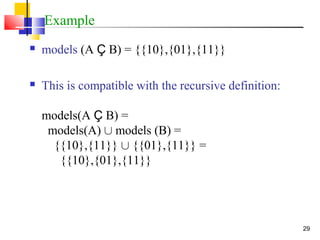 29
Example
 models (A Ç B) = {{10},{01},{11}}
 This is compatible with the recursive definition:
models(A Ç B) =
models(A) [ models (B) =
{{10},{11}} [ {{01},{11}} =
{{10},{01},{11}}
 