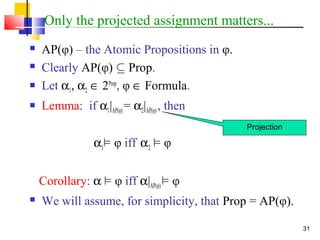 31
Only the projected assignment matters...
 AP(φ) – the Atomic Propositions in φ.
 Clearly AP(φ) µ Prop.
 Let α1, α2 ∈ 2Prop
, φ ∈ Formula.
 Lemma: if α1|AP(φ)= α2|AP(φ) , then
α1² φ iff α2 ² φ
Corollary: α ² φ iff α|AP(φ)² φ
 We will assume, for simplicity, that Prop = AP(φ).
Projection
 