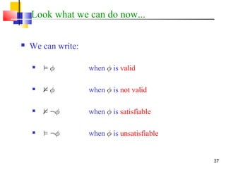 37
Look what we can do now...
 We can write:
 ² Á when Á is valid
 2 Á when Á is not valid
 2 :Á when Á is satisfiable
 ² :Á when Á is unsatisfiable
 
