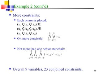 48
Example 2 (cont’d)
 More constraints:
 Each person is placed:
(x1,1 Ç x1,2 Ç x1,3) Æ
(x2,1 Ç x2,2 Ç x2,3) Æ
(x3,1 Ç x3,2 Ç x3,3)
 Or, more concisely:
 Not more than one person per chair:
 Overall 9 variables, 23 conjoined constraints.
 
