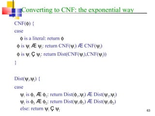63
Converting to CNF: the exponential way
CNF(φ) {
case
φ is a literal: return φ
φ is ψ1 Æ ψ2: return CNF(ψ1) Æ CNF(ψ2)
φ is ψ1 Ç ψ2: return Dist(CNF(ψ1),CNF(ψ2))
}
Dist(ψ1,ψ2) {
case
ψ1 is φ11 Æ φ12: return Dist(φ11,ψ2) Æ Dist(ψ12,ψ2)
ψ2 is φ21 Æ φ22: return Dist(ψ1,φ21) Æ Dist(ψ1,φ22)
else: return ψ1 Ç ψ2
 
