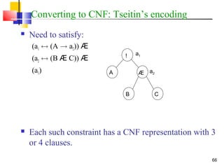 66
Converting to CNF: Tseitin’s encoding
 Need to satisfy:
(a1 $ (A ! a2)) Æ
(a2 $ (B Æ C)) Æ
(a1)
 Each such constraint has a CNF representation with 3
or 4 clauses.
A Æ
B C
! a1
a2
 