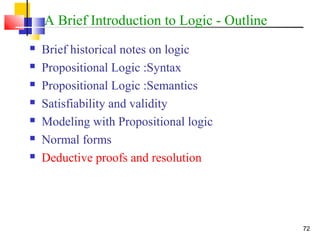 72
A Brief Introduction to Logic - Outline
 Brief historical notes on logic
 Propositional Logic :Syntax
 Propositional Logic :Semantics
 Satisfiability and validity
 Modeling with Propositional logic
 Normal forms
 Deductive proofs and resolution
 