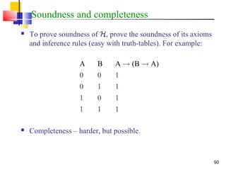 90
Soundness and completeness
 To prove soundness of H, prove the soundness of its axioms
and inference rules (easy with truth-tables). For example:
 Completeness – harder, but possible.
A B A ! (B ! A)
0 0 1
0 1 1
1 0 1
1 1 1
 