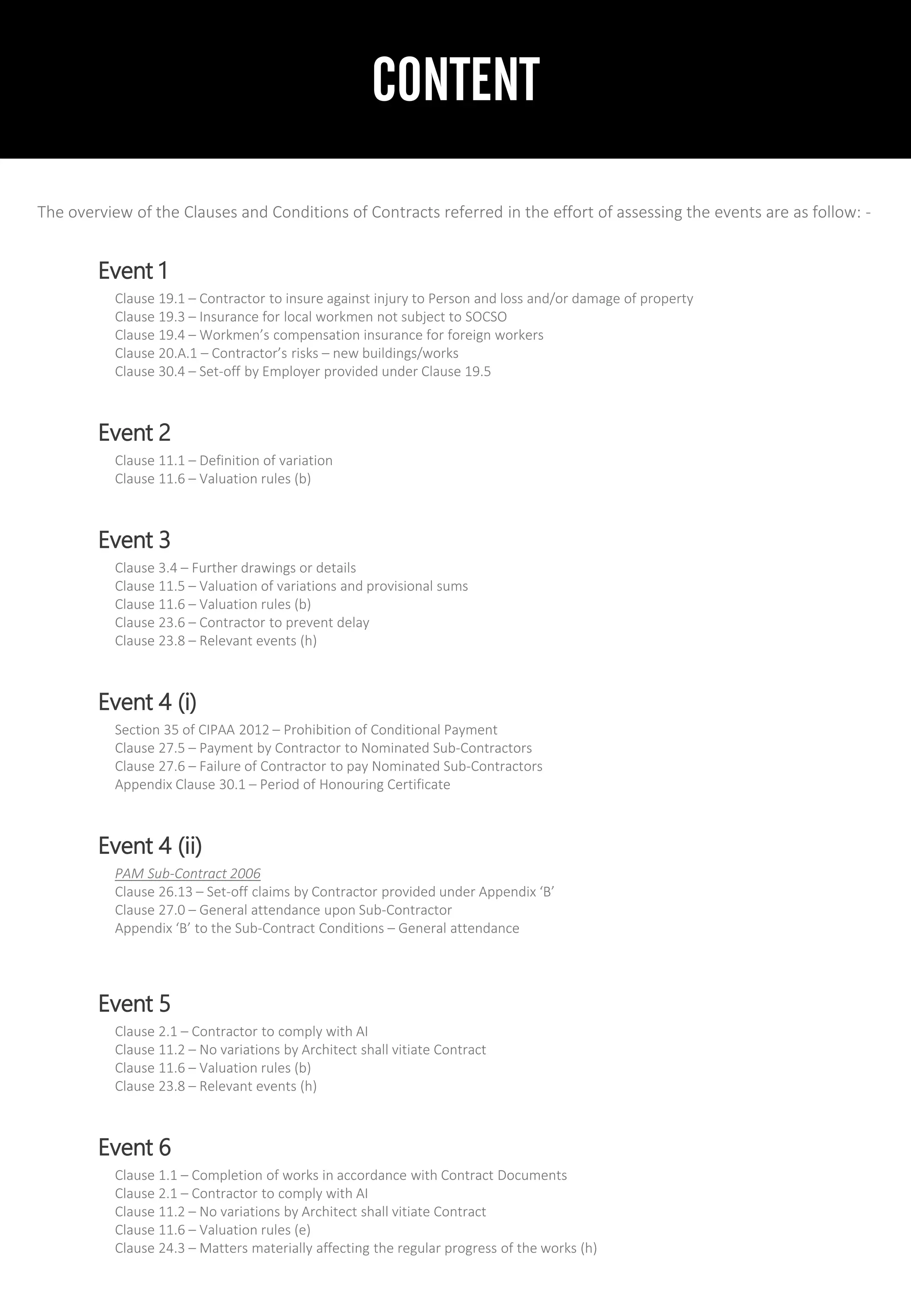 CONTENT
The overview of the Clauses and Conditions of Contracts referred in the effort of assessing the events are as follow: -
Event 1
Clause 19.1 – Contractor to insure against injury to Person and loss and/or damage of property
Clause 19.3 – Insurance for local workmen not subject to SOCSO
Clause 19.4 – Workmen’s compensation insurance for foreign workers
Clause 20.A.1 – Contractor’s risks – new buildings/works
Clause 30.4 – Set-off by Employer provided under Clause 19.5
Event 2
Clause 11.1 – Definition of variation
Clause 11.6 – Valuation rules (b)
Event 3
Clause 3.4 – Further drawings or details
Clause 11.5 – Valuation of variations and provisional sums
Clause 11.6 – Valuation rules (b)
Clause 23.6 – Contractor to prevent delay
Clause 23.8 – Relevant events (h)
Event 4 (i)
Section 35 of CIPAA 2012 – Prohibition of Conditional Payment
Clause 27.5 – Payment by Contractor to Nominated Sub-Contractors
Clause 27.6 – Failure of Contractor to pay Nominated Sub-Contractors
Appendix Clause 30.1 – Period of Honouring Certificate
Event 4 (ii)
PAM Sub-Contract 2006
Clause 26.13 – Set-off claims by Contractor provided under Appendix ‘B’
Clause 27.0 – General attendance upon Sub-Contractor
Appendix ‘B’ to the Sub-Contract Conditions – General attendance
Event 5
Clause 2.1 – Contractor to comply with AI
Clause 11.2 – No variations by Architect shall vitiate Contract
Clause 11.6 – Valuation rules (b)
Clause 23.8 – Relevant events (h)
Event 6
Clause 1.1 – Completion of works in accordance with Contract Documents
Clause 2.1 – Contractor to comply with AI
Clause 11.2 – No variations by Architect shall vitiate Contract
Clause 11.6 – Valuation rules (e)
Clause 24.3 – Matters materially affecting the regular progress of the works (h)
 