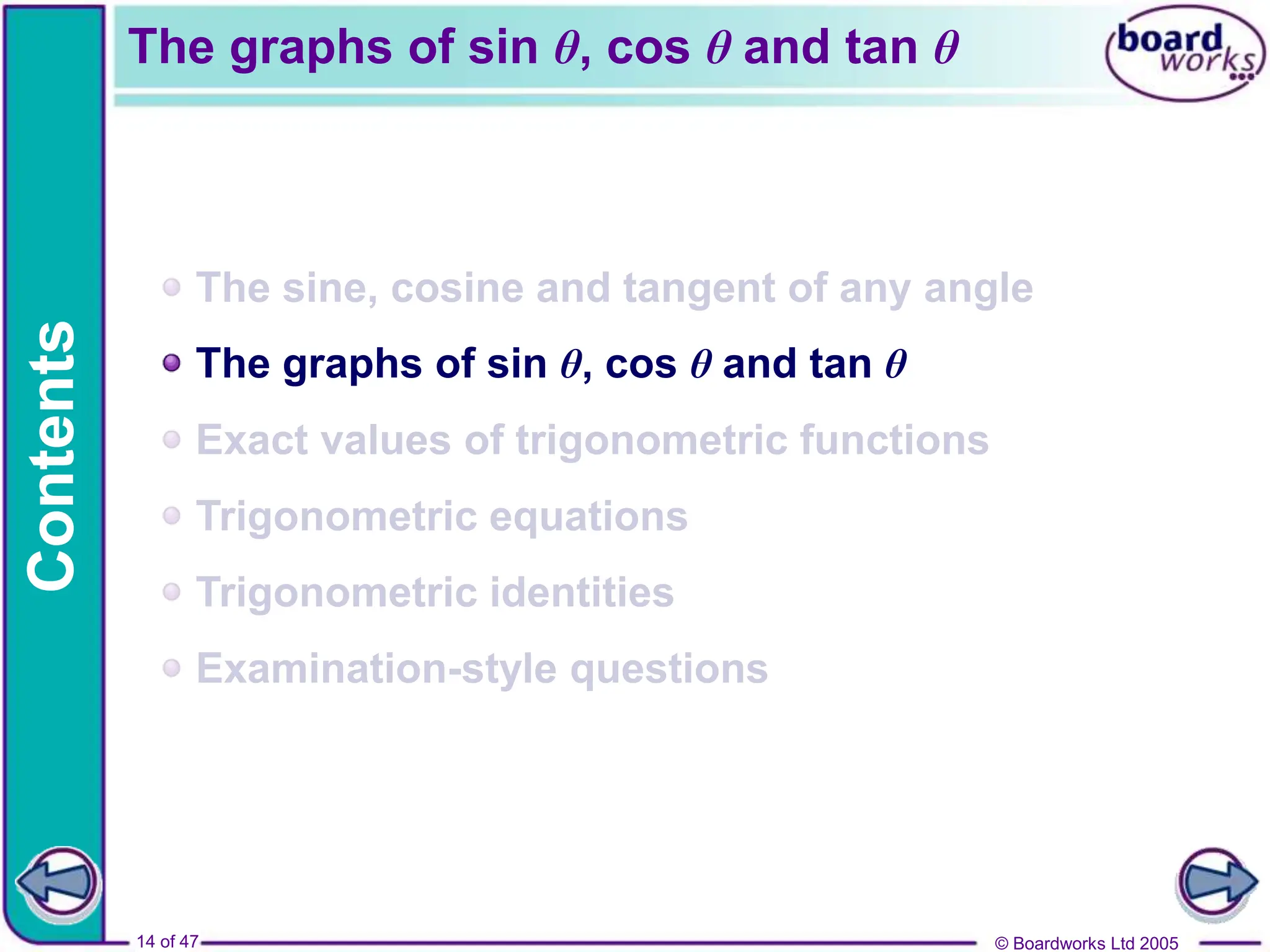 © Boardworks Ltd 2005
14 of 47
Contents
© Boardworks Ltd 2005
14 of 47
The sine, cosine and tangent of any angle
The graphs of sin θ, cos θ and tan θ
Exact values of trigonometric functions
Trigonometric equations
Trigonometric identities
Examination-style questions
The graphs of sin θ, cos θ and tan θ
 
