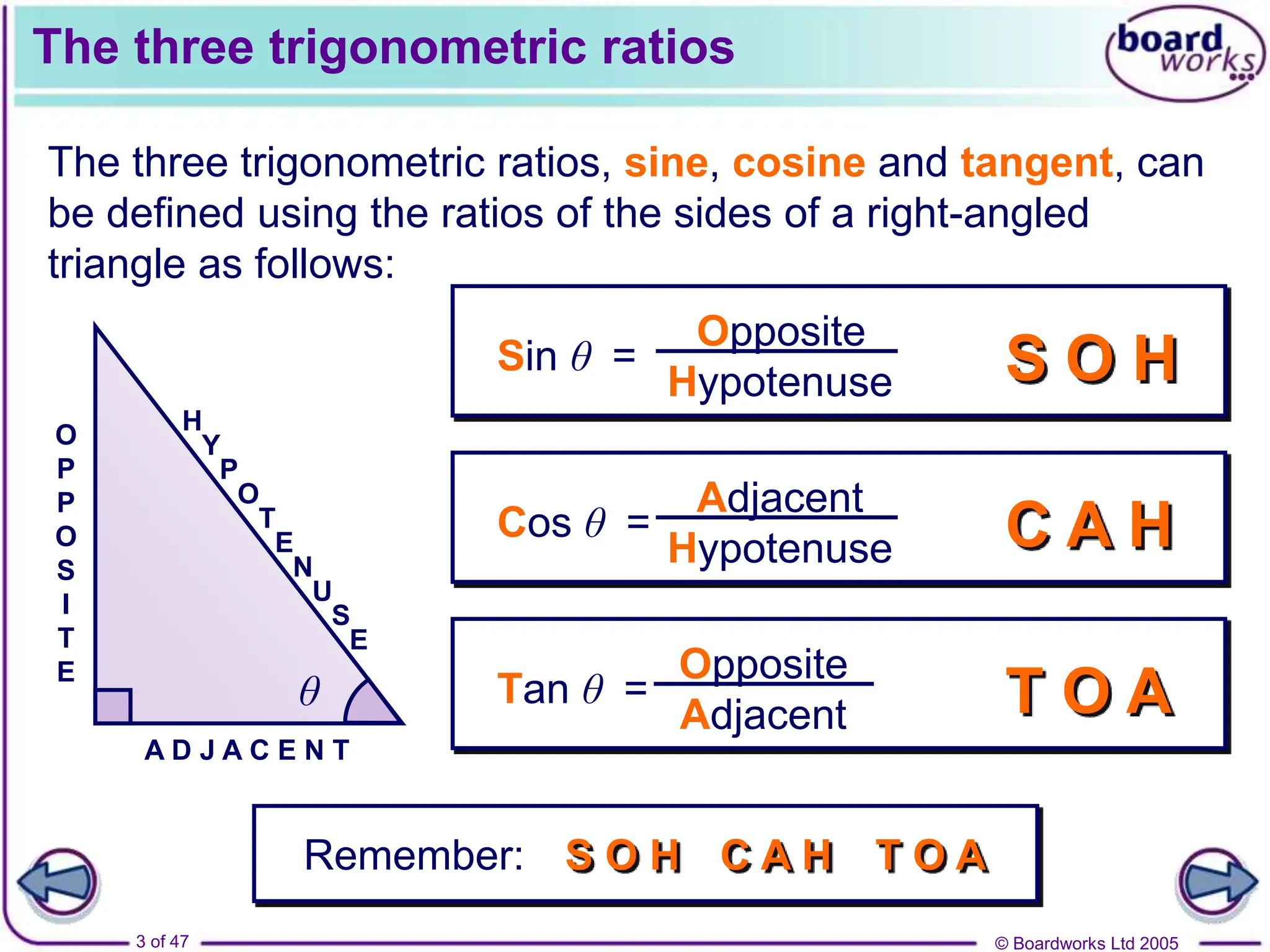 © Boardworks Ltd 2005
3 of 47
θ
O
P
P
O
S
I
T
E
H
Y
P
O
T
E
N
U
S
E
A D J A C E N T
The three trigonometric ratios
Sin θ =
Opposite
Hypotenuse S O H
Cos θ =
Adjacent
Hypotenuse C A H
Tan θ =
Opposite
Adjacent T O A
Remember: S O H C A H T O A
The three trigonometric ratios, sine, cosine and tangent, can
be defined using the ratios of the sides of a right-angled
triangle as follows:
 