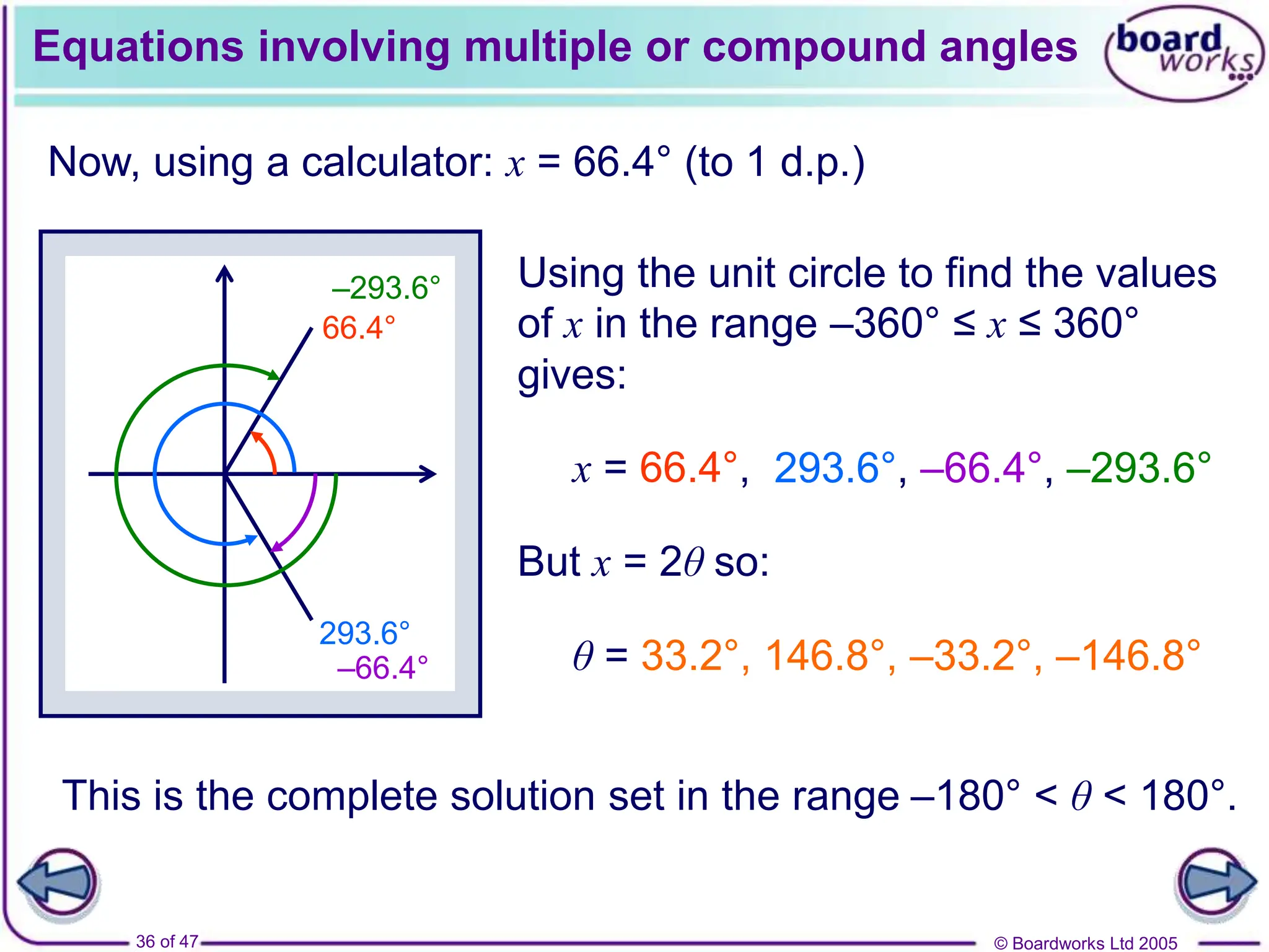 © Boardworks Ltd 2005
36 of 47
Equations involving multiple or compound angles
Now, using a calculator: x = 66.4° (to 1 d.p.)
Using the unit circle to find the values
of x in the range –360° ≤ x ≤ 360°
gives:
66.4°
293.6°
–66.4°
–293.6°
x = 66.4°,
But x = 2θ so:
θ = 33.2°, 146.8°, –33.2°, –146.8°
This is the complete solution set in the range –180° < θ < 180°.
293.6°, –66.4°, –293.6°
 