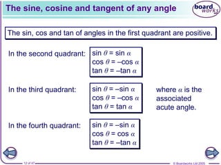 © Boardworks Ltd 2005
12 of 47
The sine, cosine and tangent of any angle
The sin, cos and tan of angles in the first quadrant are positive.
In the second quadrant: sin θ = sin α
cos θ = –cos α
tan θ = –tan α
In the third quadrant: sin θ = –sin α
cos θ = –cos α
tan θ = tan α
In the fourth quadrant: sin θ = –sin α
cos θ = cos α
tan θ = –tan α
where α is the
associated
acute angle.
 