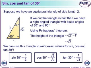 © Boardworks Ltd 2005
23 of 47
2 2
2
60° 60°
60°
2
60°
30°
1
3
Sin, cos and tan of 30°
Suppose we have an equilateral triangle of side length 2.
We can use this triangle to write exact values for sin, cos and
tan 30°:
If we cut the triangle in half then we have
a right-angled triangle with acute angles
of 30° and 60°.
Using Pythagoras’ theorem:
The height of the triangle  
2 2
2 1
 3
sin 30° =
1
2
cos 30° =
3
2
tan 30° =
1
3
 