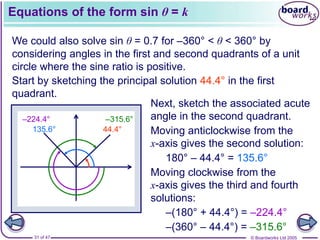 © Boardworks Ltd 2005
31 of 47
44.4°
Equations of the form sin θ = k
We could also solve sin θ = 0.7 for –360° < θ < 360° by
considering angles in the first and second quadrants of a unit
circle where the sine ratio is positive.
Start by sketching the principal solution 44.4° in the first
quadrant.
Next, sketch the associated acute
angle in the second quadrant.
135.6°
–224.4° –315.6°
Moving anticlockwise from the
x-axis gives the second solution:
Moving clockwise from the
x-axis gives the third and fourth
solutions:
180° – 44.4° = 135.6°
–(180° + 44.4°) = –224.4°
–(360° – 44.4°) = –315.6°
 