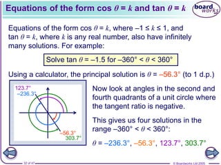 © Boardworks Ltd 2005
32 of 47
Equations of the form cos θ = k and tan θ = k
Equations of the form cos θ = k, where –1 ≤ k ≤ 1, and
tan θ = k, where k is any real number, also have infinitely
many solutions. For example:
Solve tan θ = –1.5 for –360° < θ < 360°
Using a calculator, the principal solution is θ = –56.3° (to 1 d.p.)
–56.3°
–236.3°
123.7°
303.7°
Now look at angles in the second and
fourth quadrants of a unit circle where
the tangent ratio is negative.
This gives us four solutions in the
range –360° < θ < 360°:
θ = –236.3°, –56.3°, 123.7°, 303.7°
 
