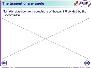 © Boardworks Ltd 2005
9 of 47
The tangent of any angle
Tan θ is given by the y-coordinate of the point P divided by the
x-coordinate.
 