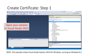 Create Certificate: Step 1
Open your solution
in Visual Studio 2013
NOTE: This example shows Visual Studio Express 2013 for Windows, running on Windows 8.1
 