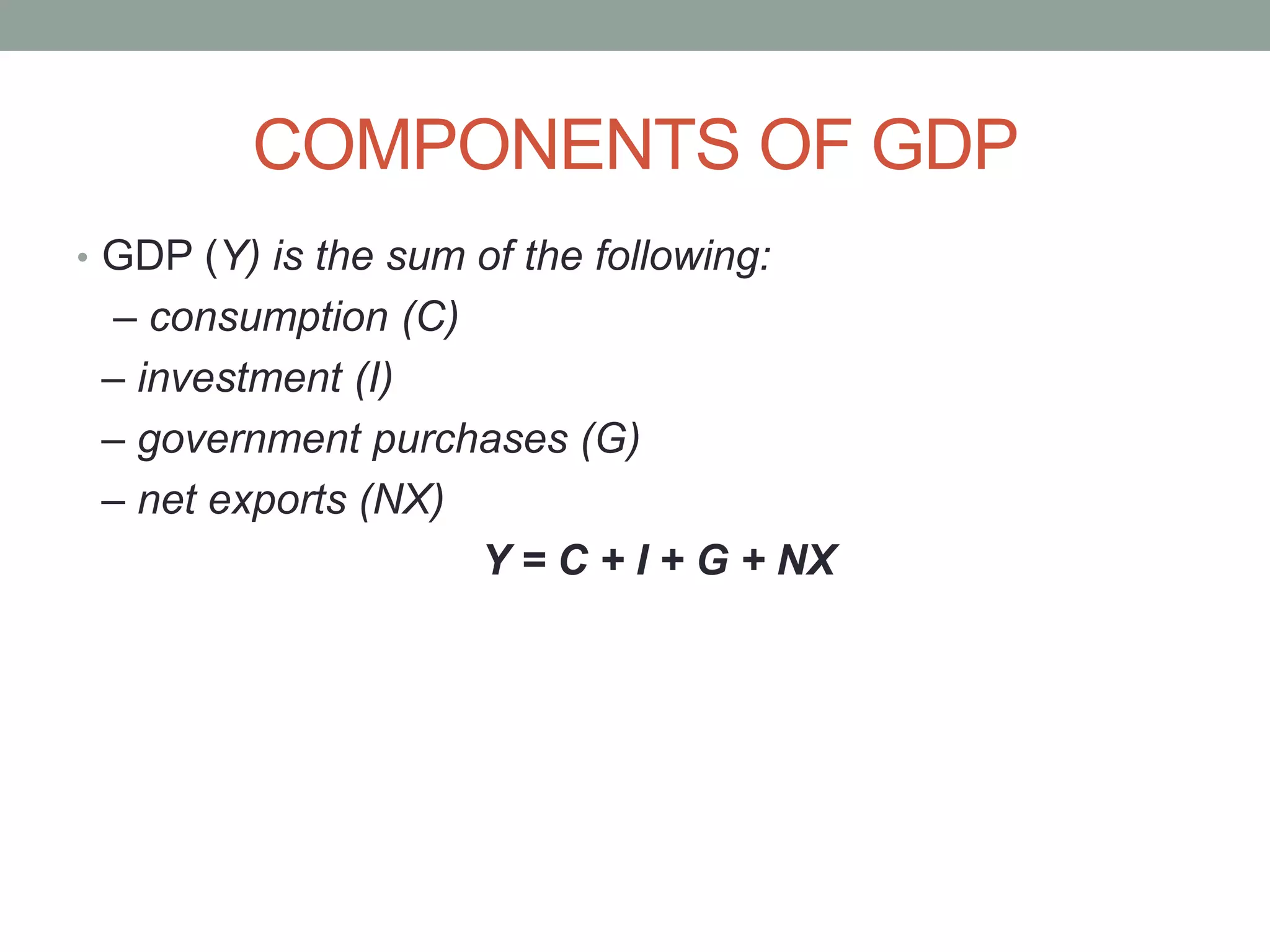 COMPONENTS OF GDP
• GDP (Y) is the sum of the following:
– consumption (C)
– investment (I)
– government purchases (G)
– net exports (NX)
Y = C + I + G + NX
 