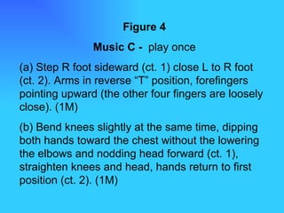 Figure 4 Music C -  play once (a) Step R foot sideward (ct. 1) close L to R foot (ct. 2). Arms in reverse “T” position, forefingers pointing upward (the other four fingers are loosely close). (1M) (b) Bend knees slightly at the same time, dipping both hands toward the chest without the lowering the elbows and nodding head forward (ct. 1), straighten knees and head, hands return to first position (ct. 2). (1M) 