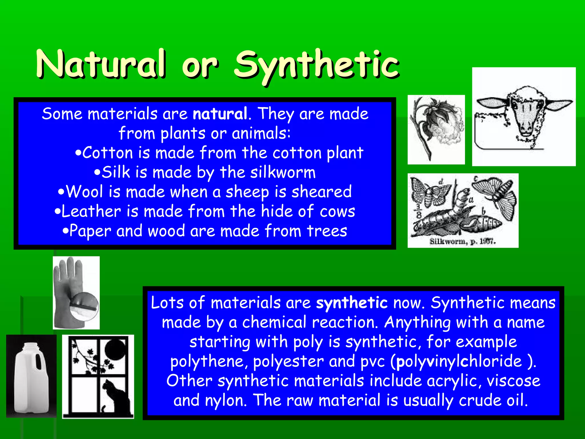 Natural or SyntheticNatural or Synthetic
Lots of materials are synthetic now. Synthetic means
made by a chemical reaction. Anything with a name
starting with poly is synthetic, for example
polythene, polyester and pvc (polyvinylchloride ).
Other synthetic materials include acrylic, viscose
and nylon. The raw material is usually crude oil.
Some materials are natural. They are made
from plants or animals:
•Cotton is made from the cotton plant
•Silk is made by the silkworm
•Wool is made when a sheep is sheared
•Leather is made from the hide of cows
•Paper and wood are made from trees
 