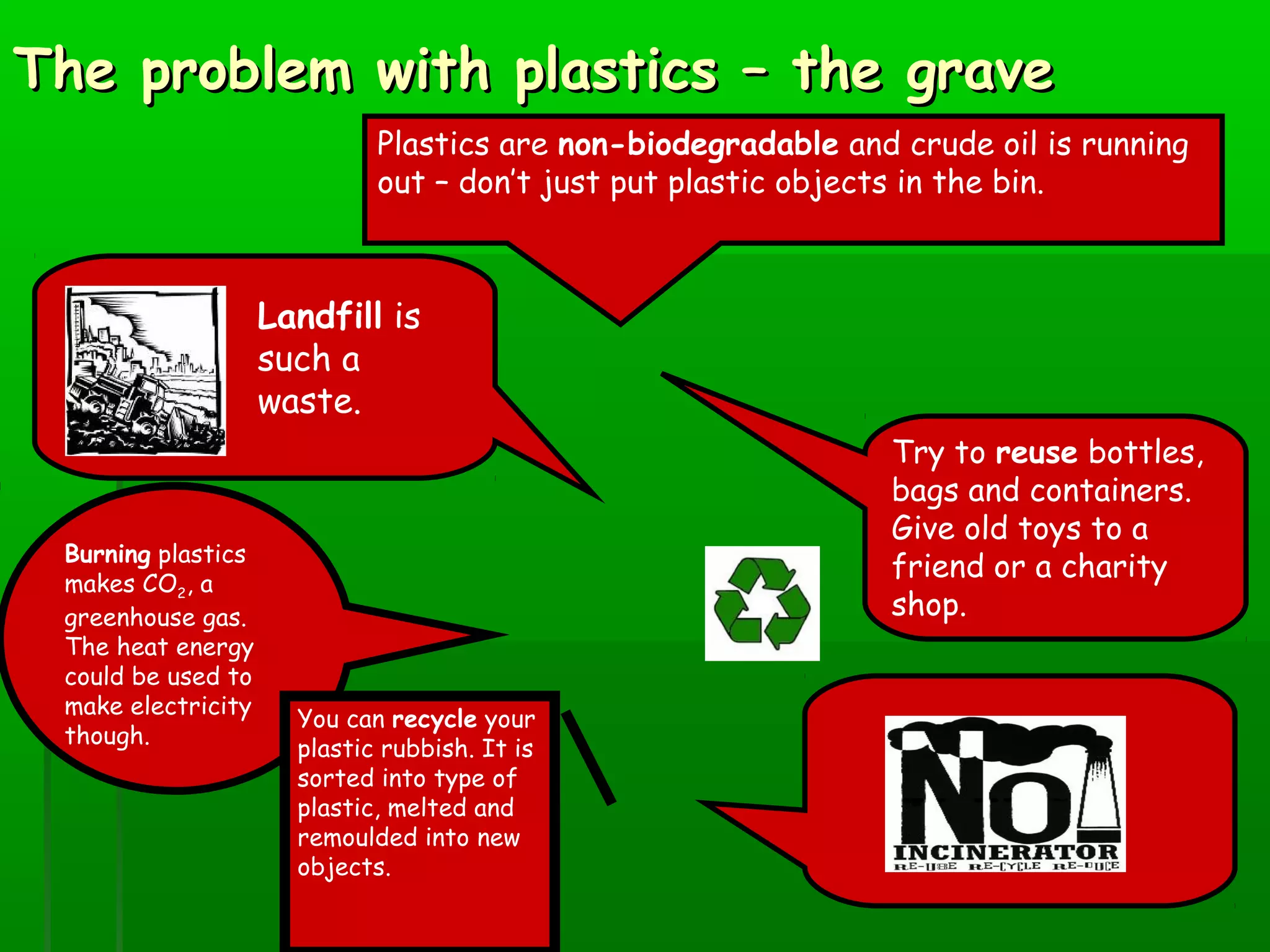 The problem with plastics – the graveThe problem with plastics – the grave
Plastics are non-biodegradable and crude oil is running
out – don’t just put plastic objects in the bin.
Try to reuse bottles,
bags and containers.
Give old toys to a
friend or a charity
shop.
Burning plastics
makes CO2, a
greenhouse gas.
The heat energy
could be used to
make electricity
though.
You can recycle your
plastic rubbish. It is
sorted into type of
plastic, melted and
remoulded into new
objects.
Landfill is
such a
waste.
 